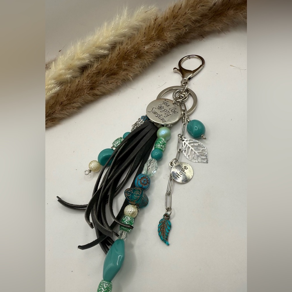 Turquoise and Silver Keychain with Charms Purse bag charm clip